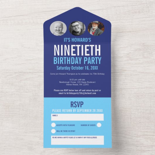 Grafisch blauwe cyaan fotocirkels 90e verjaardag all in one uitnodiging (Binnen)