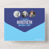 Grafisch blauwe cyaan fotocirkels 90e verjaardag all in one uitnodiging (Achterkant)