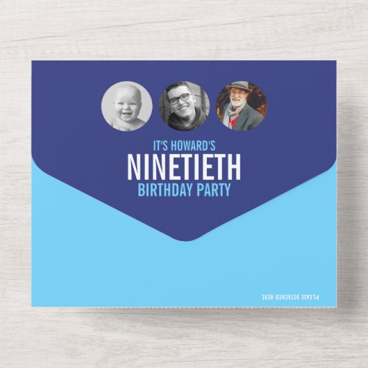 Grafisch blauwe cyaan fotocirkels 90e verjaardag all in one uitnodiging (Achterkant)