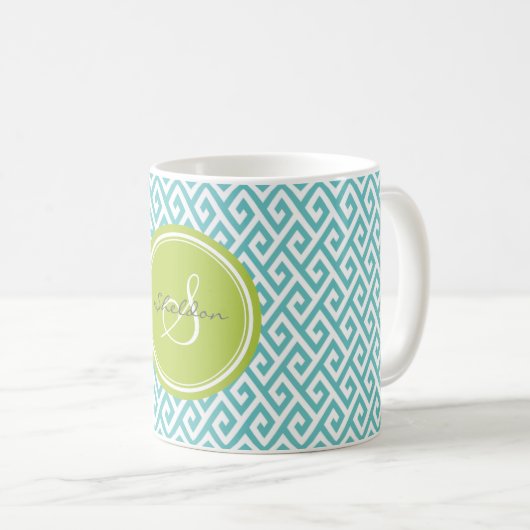 Grafisch blauwgroen abstract geometrisch monogram koffiemok (Voorkant rechts)