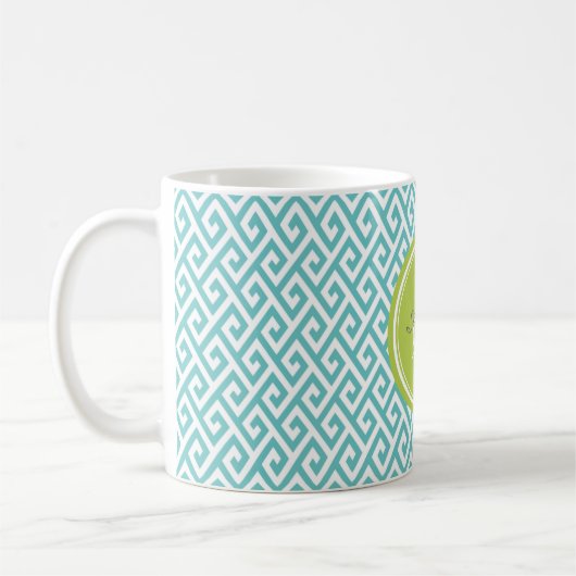 Grafisch blauwgroen abstract geometrisch monogram koffiemok (Links)