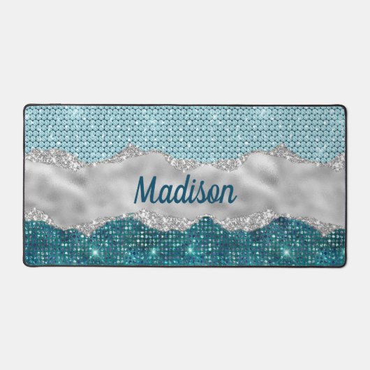 Grafisch blauwgroen mint groen glitter zilver mono bureaumat (Voorkant)