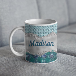 Grafisch blauwgroen mint groen glitter zilver mono koffiemok
