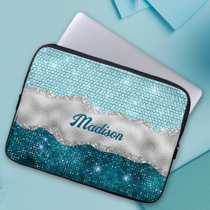 Grafisch blauwgroen mint groen glitter zilver mono laptop sleeve