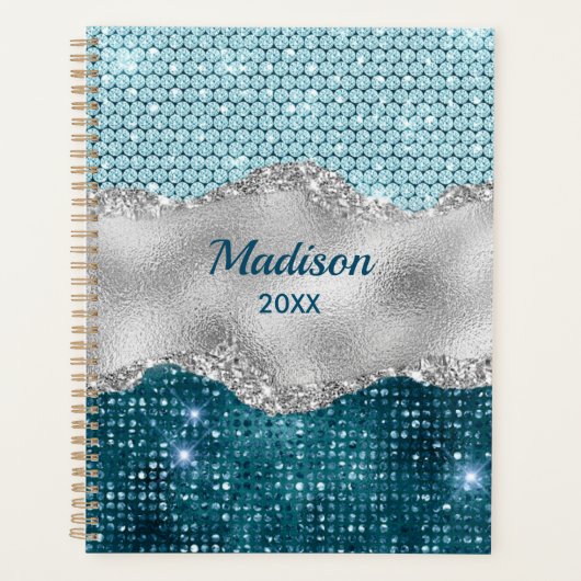 Grafisch blauwgroen mint groen glitter zilver mono planner (Voorkant)