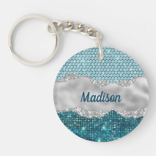Grafisch blauwgroen mint groen glitter zilver mono sleutelhanger