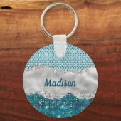 Grafisch blauwgroen mint groen glitter zilver mono sleutelhanger (Voorkant)