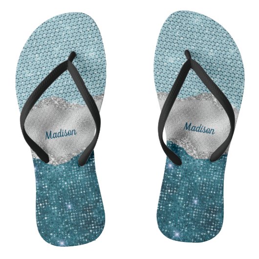 Grafisch blauwgroen mint groen glitter zilver mono teenslippers (Voetbed)