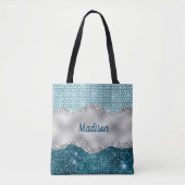 Grafisch blauwgroen mint groen glitter zilver mono tote bag (Voorkant)