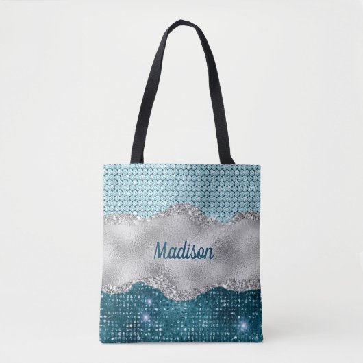 Grafisch blauwgroen mint groen glitter zilver mono tote bag (Voorkant)