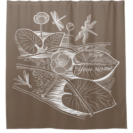 Grafisch bruin van waterlelies douchegordijn (Voorkant)