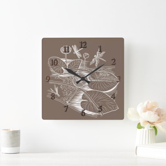 Grafisch bruin van waterlelies vierkante klok (Huis)