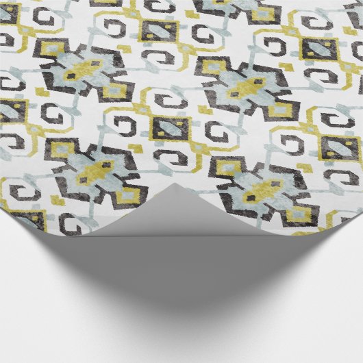 Grafisch geel en grijs ikattribpatroon cadeaupapier (Hoek)