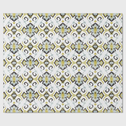 Grafisch geel en grijs ikattribpatroon cadeaupapier (Vlak)