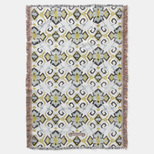 Grafisch geel en grijs ikattribpatroon deken (Voorkant Verticaal)
