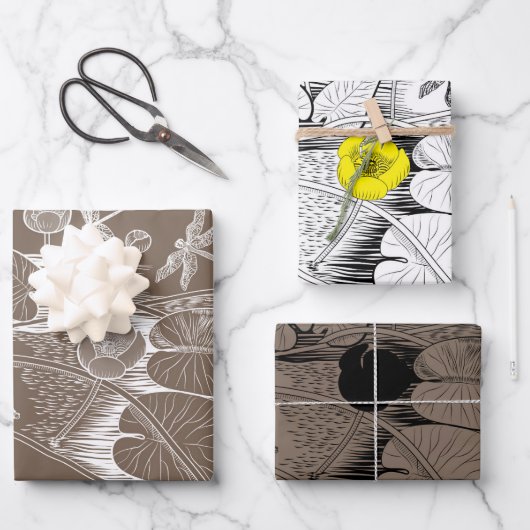 Grafisch geelbruine waterlelies inpakpapier vel (Voorkant)