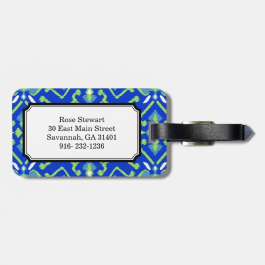Grafisch geometrisch groen blauw ikattribaal bagagelabel (Achterkant horizontaal)