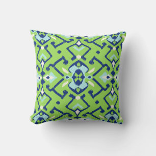 Grafisch geometrisch groen blauw ikattribaal kussen