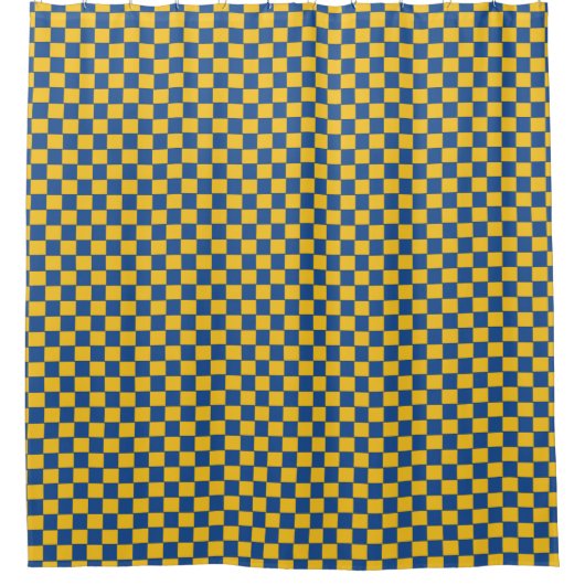 Grafisch geweven geruit blauw geel douchegordijn (Voorkant)