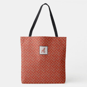 Grafisch geweven rood op aangepast kleurenmonogram tote bag