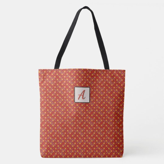 Grafisch geweven rood op aangepast kleurenmonogram tote bag (Voorkant)