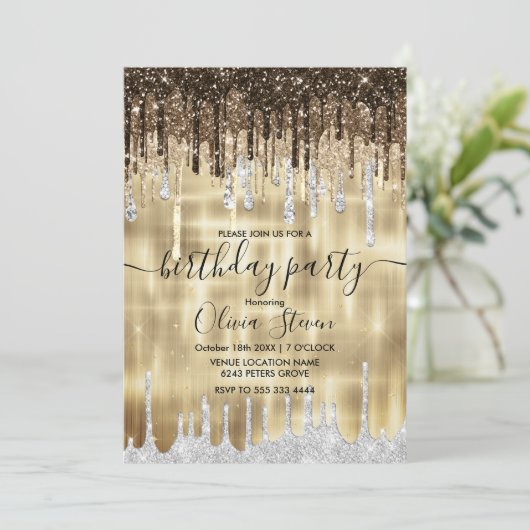 Grafisch goudbruine druppels glitter om het even w kaart (Staand voorkant)