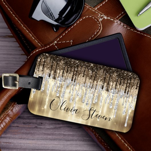 Grafisch goudbruine druppels glittermonogram bagagelabel