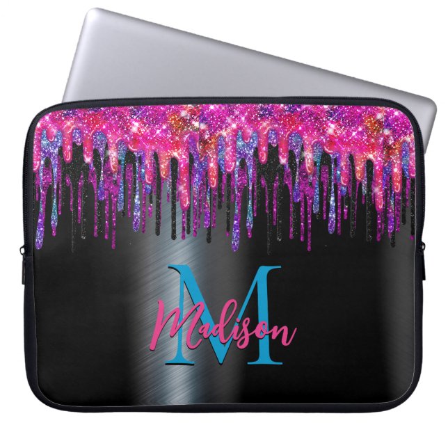 Grafisch heet roze blauw zwart glitter dripping mo laptop sleeve (Voorkant)