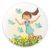 Grafisch lentemeisje met vogelknop keramische knop (Voorkant)