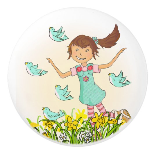 Grafisch lentemeisje met vogelknop keramische knop (Voorkant)