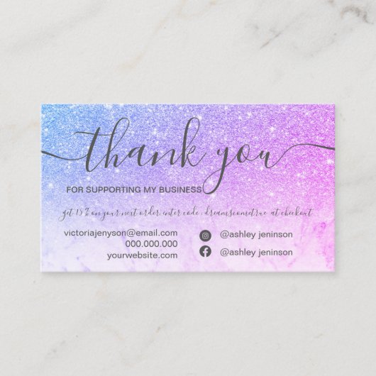 Grafisch marmer blauw paars glitter order bedankt visitekaartje (Voorkant)