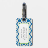 Grafisch monogram met blauw koppelingspatroon bagagelabel (Achterkant verticaal)
