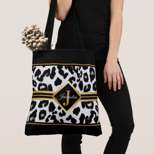 Grafisch monogram op Animal Print Black en Faux Go Tote Bag (Dichtbij)