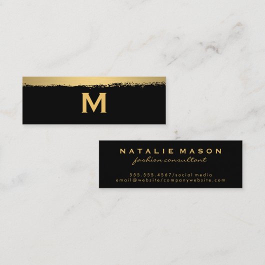Grafisch monogram op zwart/goudborstel mini visitekaartje (Voorkant / Achterkant)
