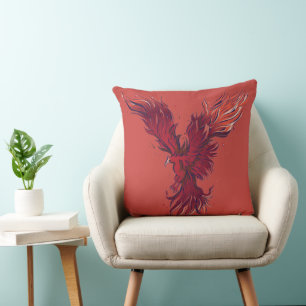 Grafisch ontwerp van vliegende rode feniks vogel kussen