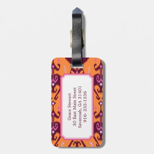 Grafisch oranje ikattribaal monogram bagagelabel (Achterkant verticaal)