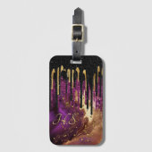 Grafisch paars en goudglitter druipt monogram bagagelabel (Voorkant (verticaal))