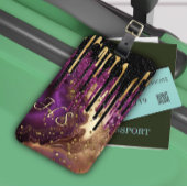 Grafisch paars en goudglitter druipt monogram bagagelabel