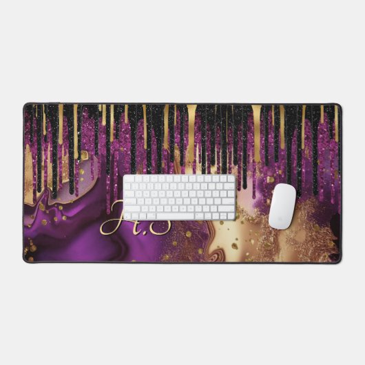 Grafisch paars en goudglitter druipt monogram bureaumat (Keyboard & Muis)