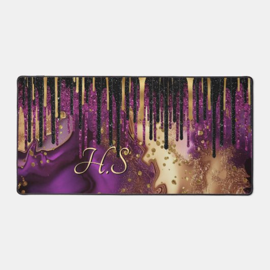 Grafisch paars en goudglitter druipt monogram bureaumat (Voorkant)