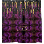 Grafisch paars en goudglitter druipt monogram douchegordijn (Voorkant)