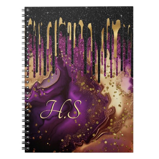 Grafisch paars en goudglitter druipt monogram notitieboek (Voorkant)