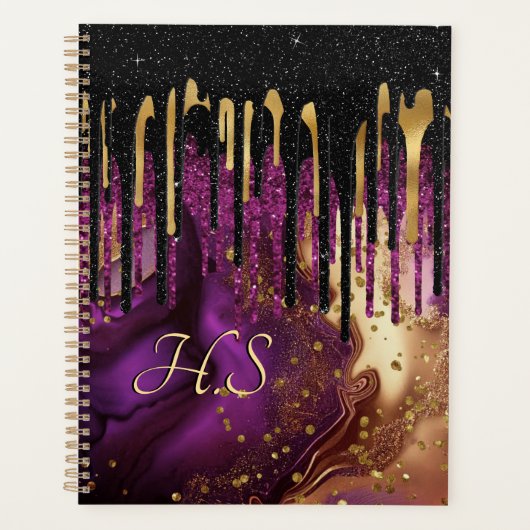 Grafisch paars en goudglitter druipt monogram planner (Voorkant)