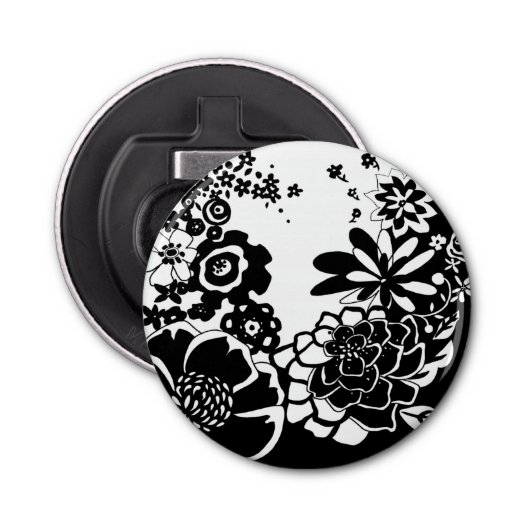 Grafisch patroon zwart-wit van Floral Garden Button Flesopener (Voorkant)