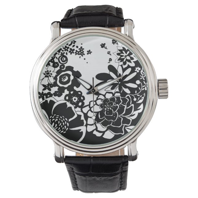 Grafisch patroon zwart-wit van Floral Garden Horloge (Voorkant)