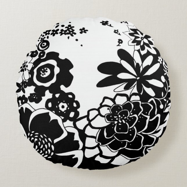 Grafisch patroon zwart-wit van Floral Garden Rond Kussen (Voorkant)