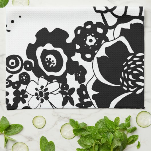 Grafisch patroon zwart-wit van Floral Garden Theedoek (Gevouwen)