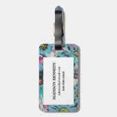 Grafisch roze en Blauwe Floral Bagagelabel (Achterkant verticaal)