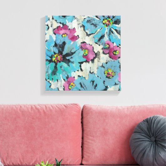 Grafisch roze en Blauwe Floral Canvas Afdruk (Insitu (Woonkamer))