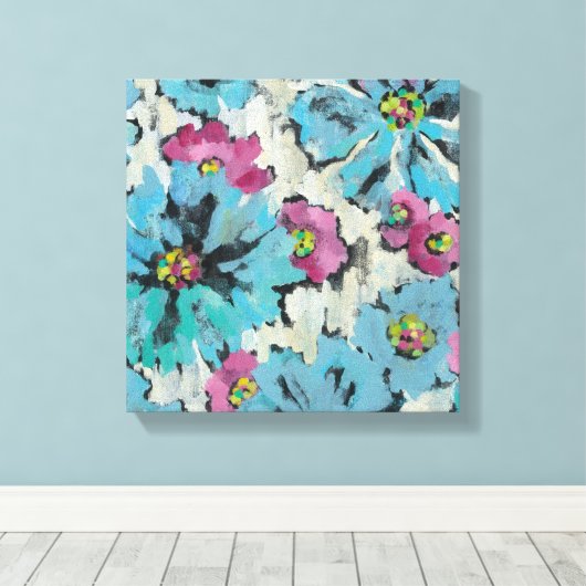 Grafisch roze en Blauwe Floral Canvas Afdruk (Insitu (Houten vloer))